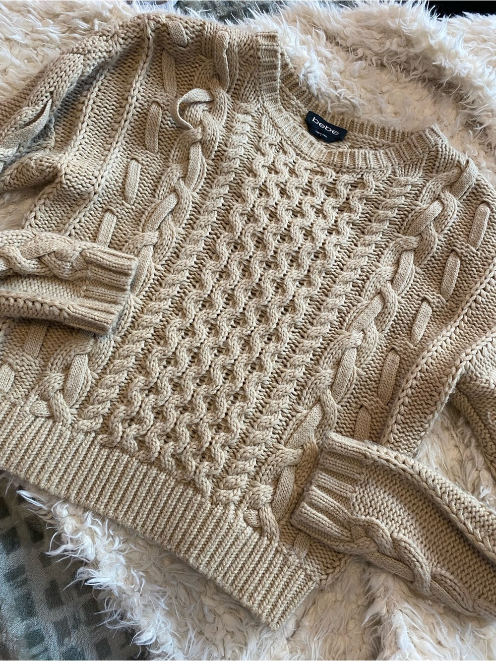 bebe Cable-Knit Crewneck Sweater in Tan